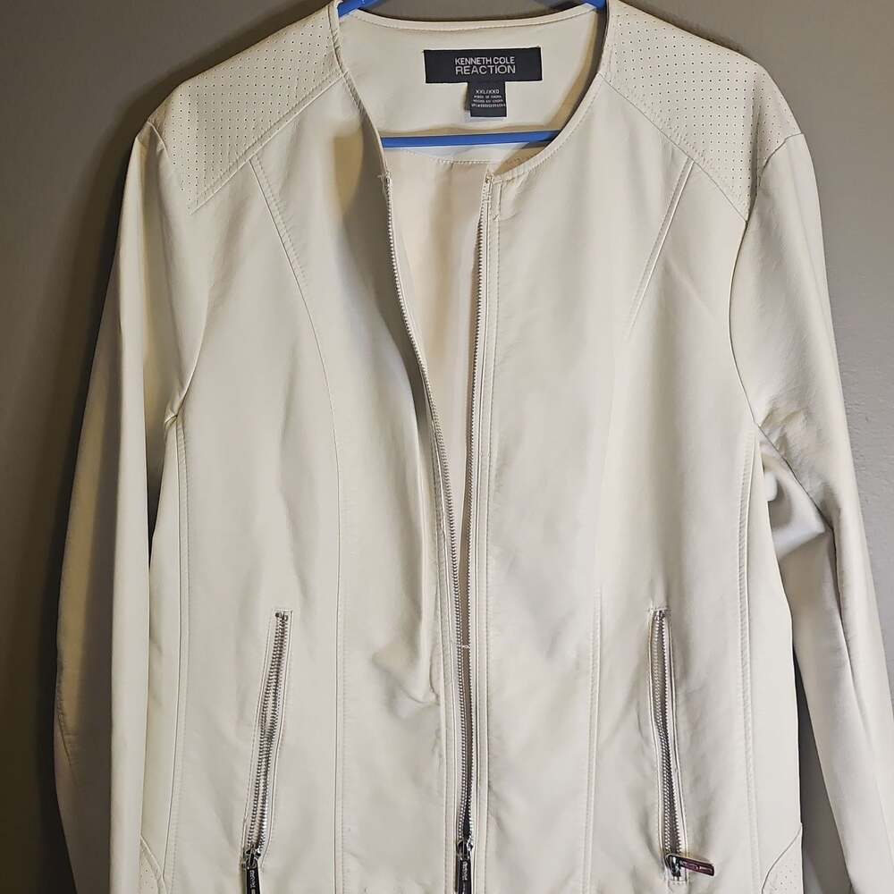 Kenneth Cole Reaction White Faux Leather Moto Jacket